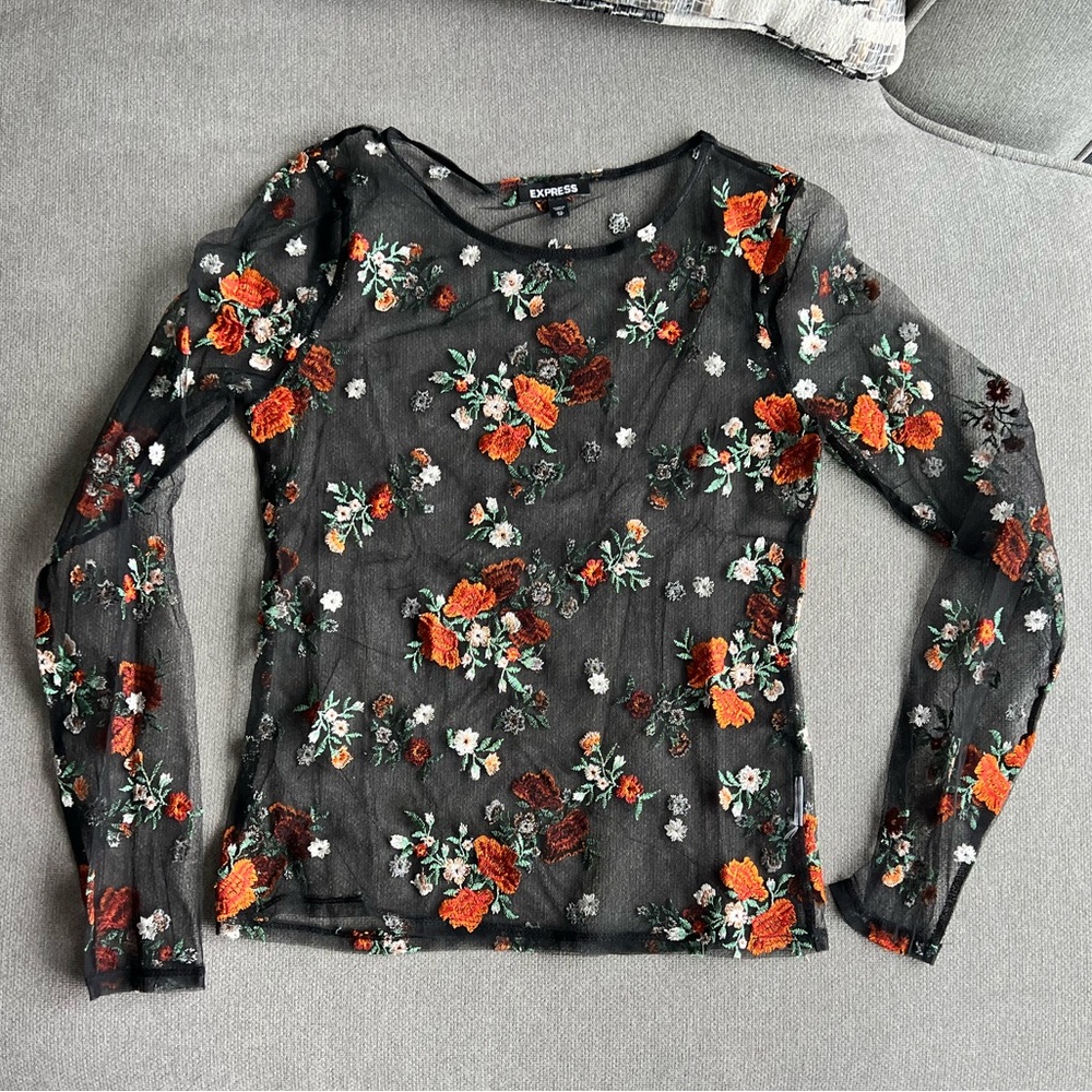Express Black Sheer Long-Sleeve Top with Floral Embroidery